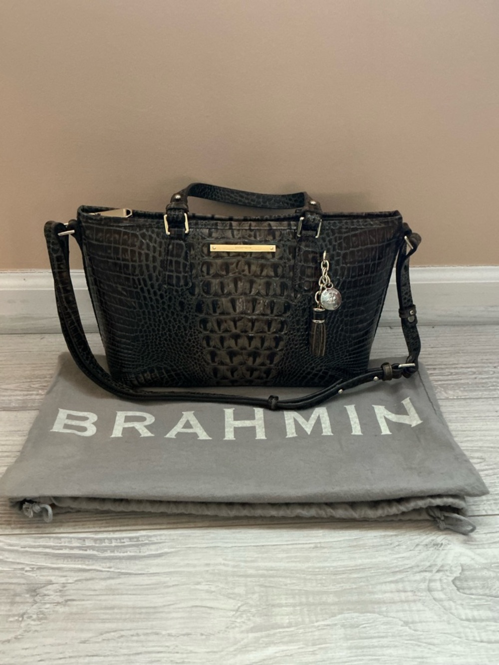 Brahmin Dark Brown Croc-Embossed Satchel with Tassel Charm